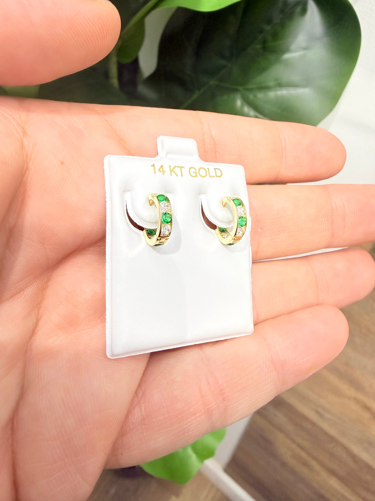 1133- NEW 14K Clear & Green Huggies Earrings (11.6mm) W.G