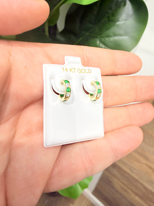1133- NEW 14K Clear & Green Huggies Earrings (11.6mm) W.G