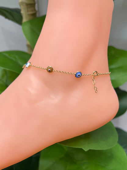 939- NEW 14K Evil Eye Colorful Anklet 10” (1.7mm)W.G