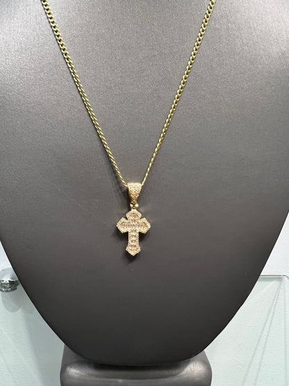 C47- NEW 14K Cuban Curb Chain 18” & Full Cz Cross Pendant Set