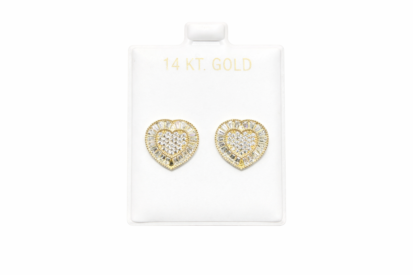 1058- 14K Full CZ Baguette Cut Around Heart Shape Stud Earrings W.G