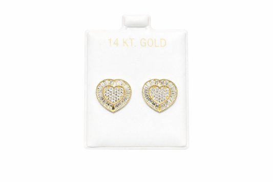 1058- 14K Full CZ Baguette Cut Around Heart Shape Stud Earrings W.G