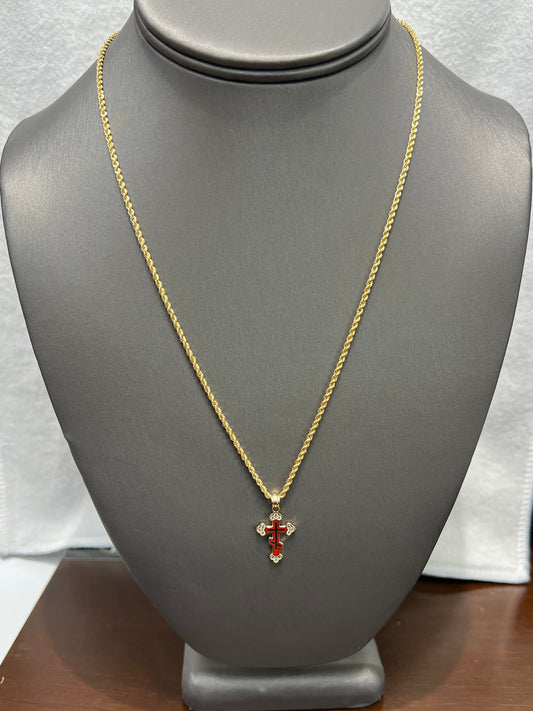 C10-NEW 14k Semi Solid Rope Chain 20” (2mm) and CZ Red Cross Pendant. W.G