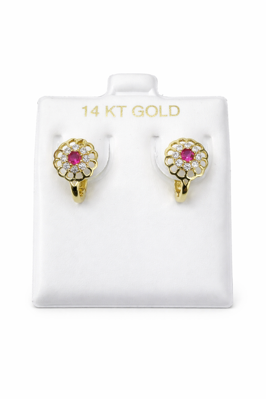 1601- NEW 14K Gold Flower Hoop Earrings (7.7mm) W.G