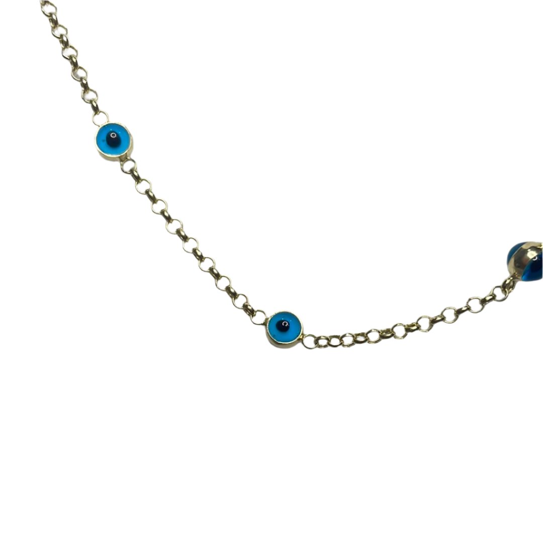 0089- 14K Solid Yellow Gold Station Evil Eye Necklace