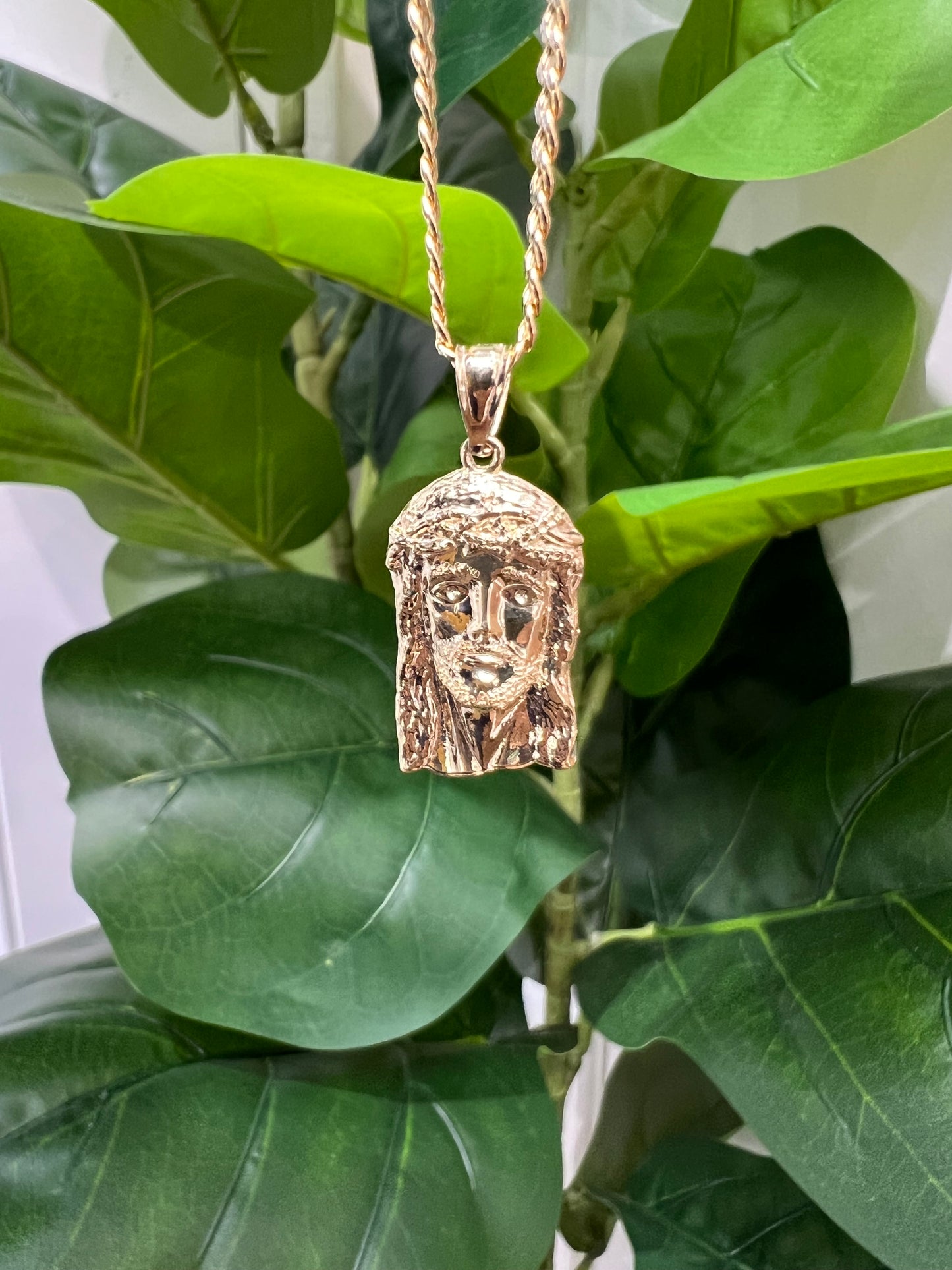 C55- NEW 10K Hollow Cuban Curb Two Tone Chain & Jesus Face Pendant SET W.G