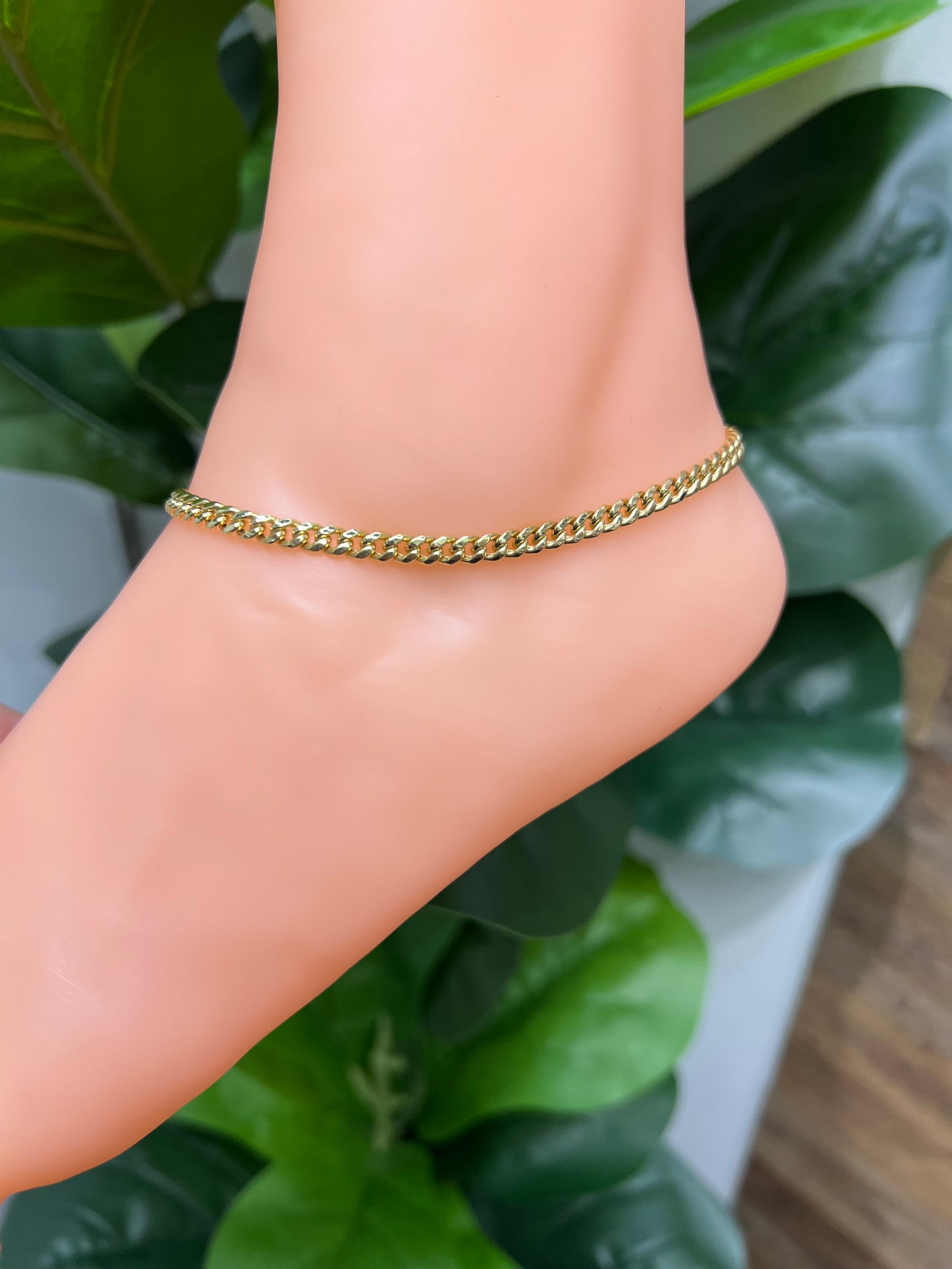 1013- NEW 14k Hollow Miami Cuban Anklet Bracelet 10” (4.3mm)W.G