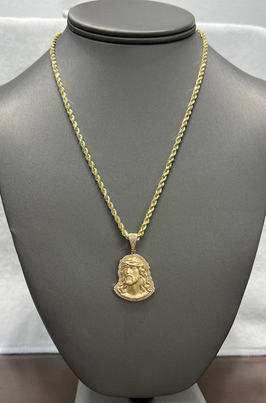 C74- NEW 14K Hollow Rope Chain 18" 3mm + Jesus 3D Pendant SET W.G
