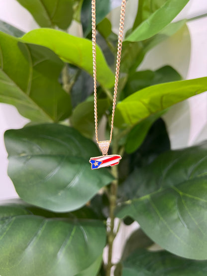 C52- NEW 10K Hollow Cuban Curb Chain Two Tone Chain & Puerto Rican Flag Pendant SET W.G