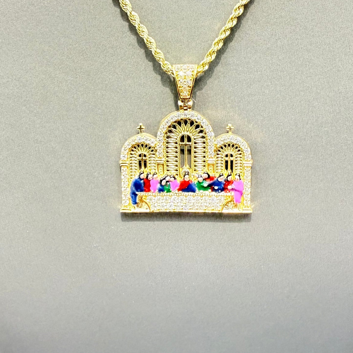 1043- NEW 14K The Last Supper Square Cz Pendant W.G