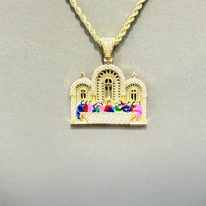 1043- NEW 14K The Last Supper Square Cz Pendant W.G