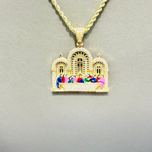 1043- NEW 14K The Last Supper Square Cz Pendant W.G