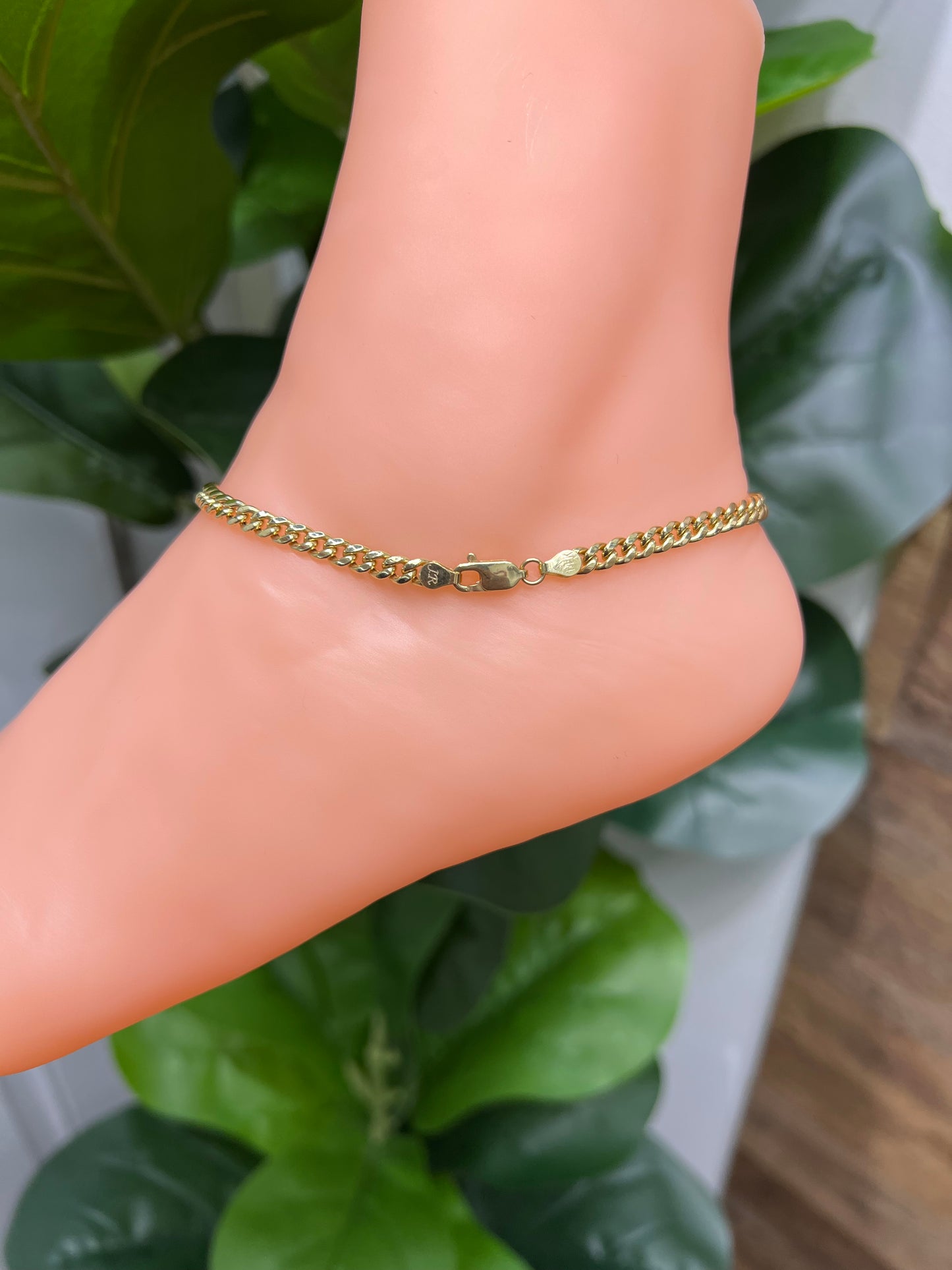 1013- NEW 14k Hollow Miami Cuban Anklet Bracelet 10” (4.3mm)W.G