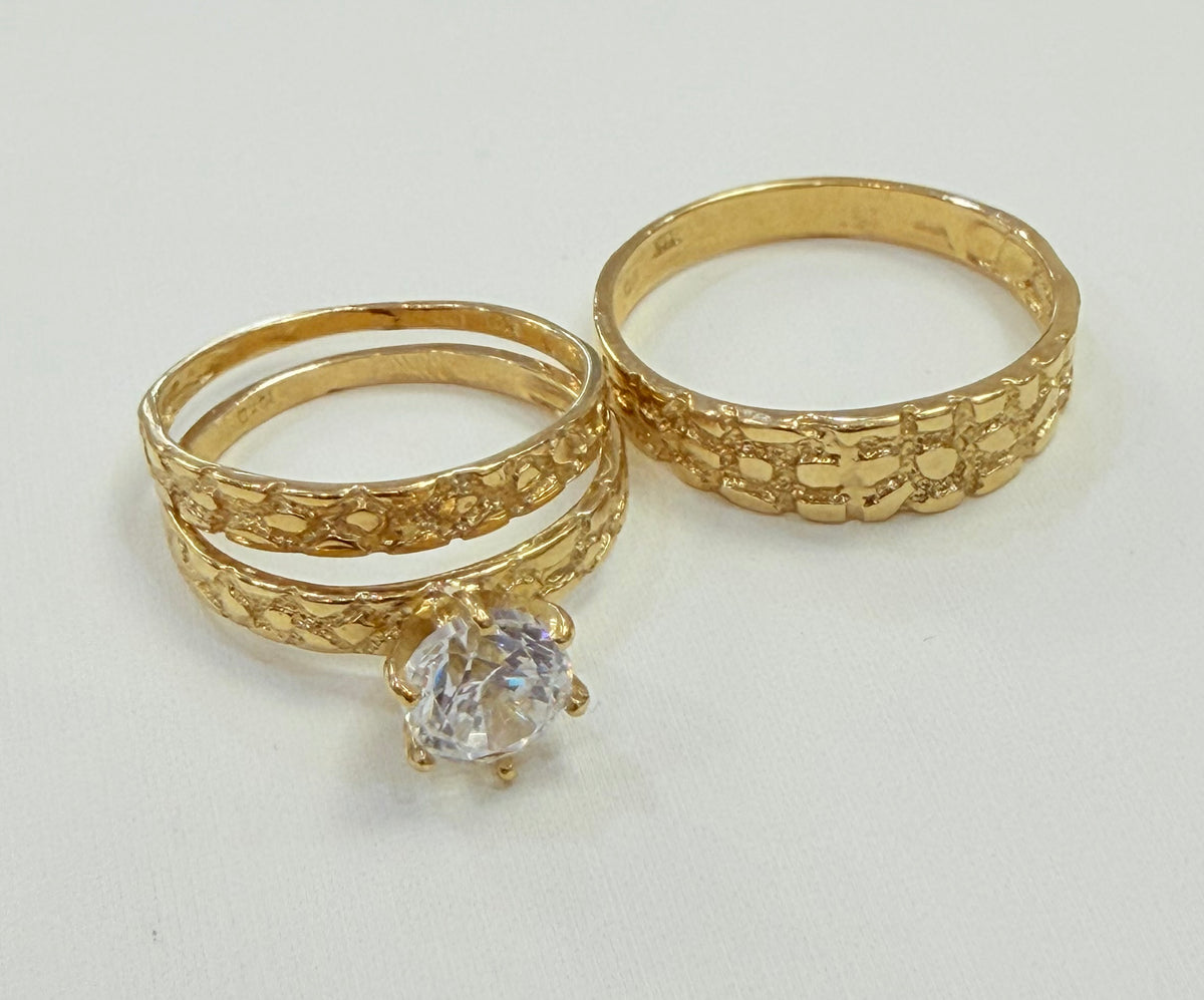 1373- NEW 10K Nugget Style Wedding Rings Trio W.G