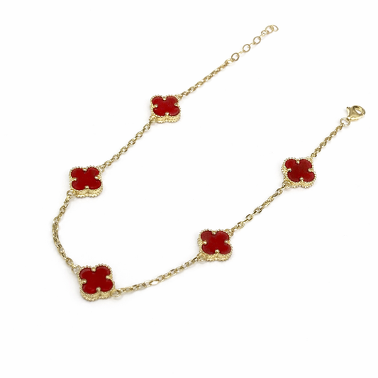 1589- NEW 14K Small Red Trebol Bracelet (8mm) 7”+1” Ext W.G