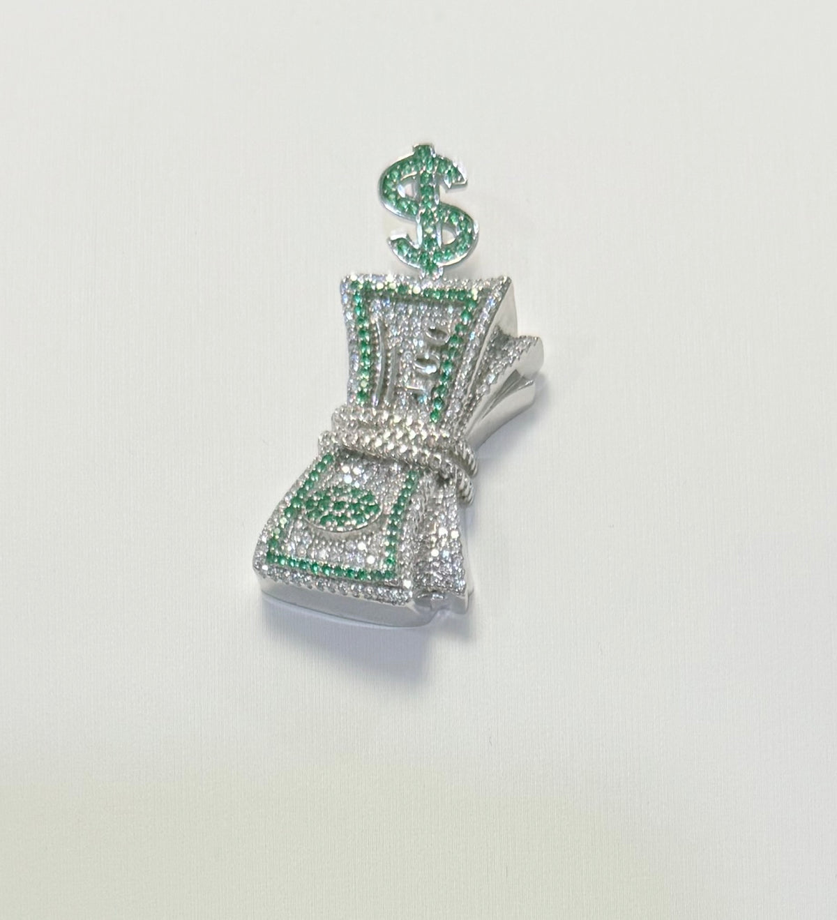 S409- NEW .925 Sterling Silver Bundle of Cash Full Cz Pendant W.G