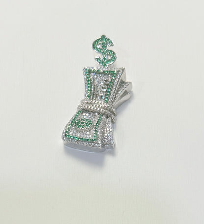 S409- NEW .925 Sterling Silver Bundle of Cash Full Cz Pendant W.G