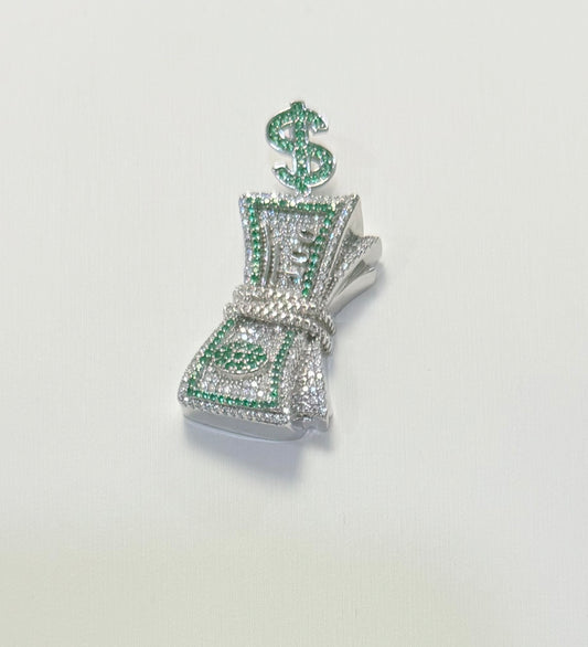 S409 - Colgante de plata de ley 925 con forma de dólar y circonita cúbica verde y transparente 