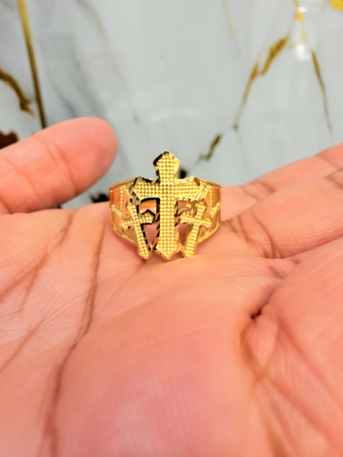 1701- NEW 10K Triple Multi Cross Nugget Ring W.G
