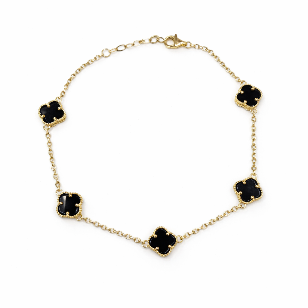 1604- NEW 14K Black Trebol Bracelet 7.5”+ 1” ext W.G