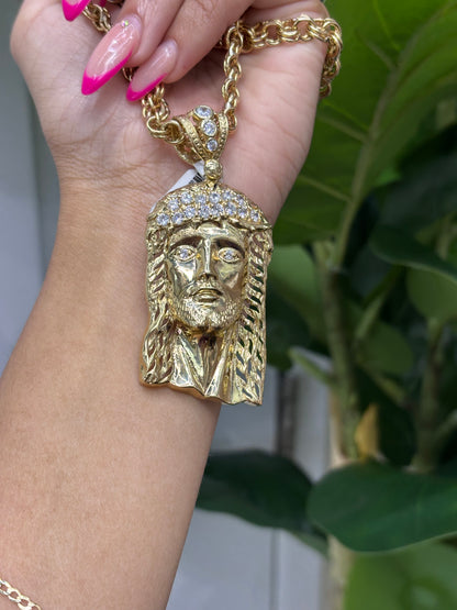 1002- NEW 14K Jesus Face Cz Pendant W.G