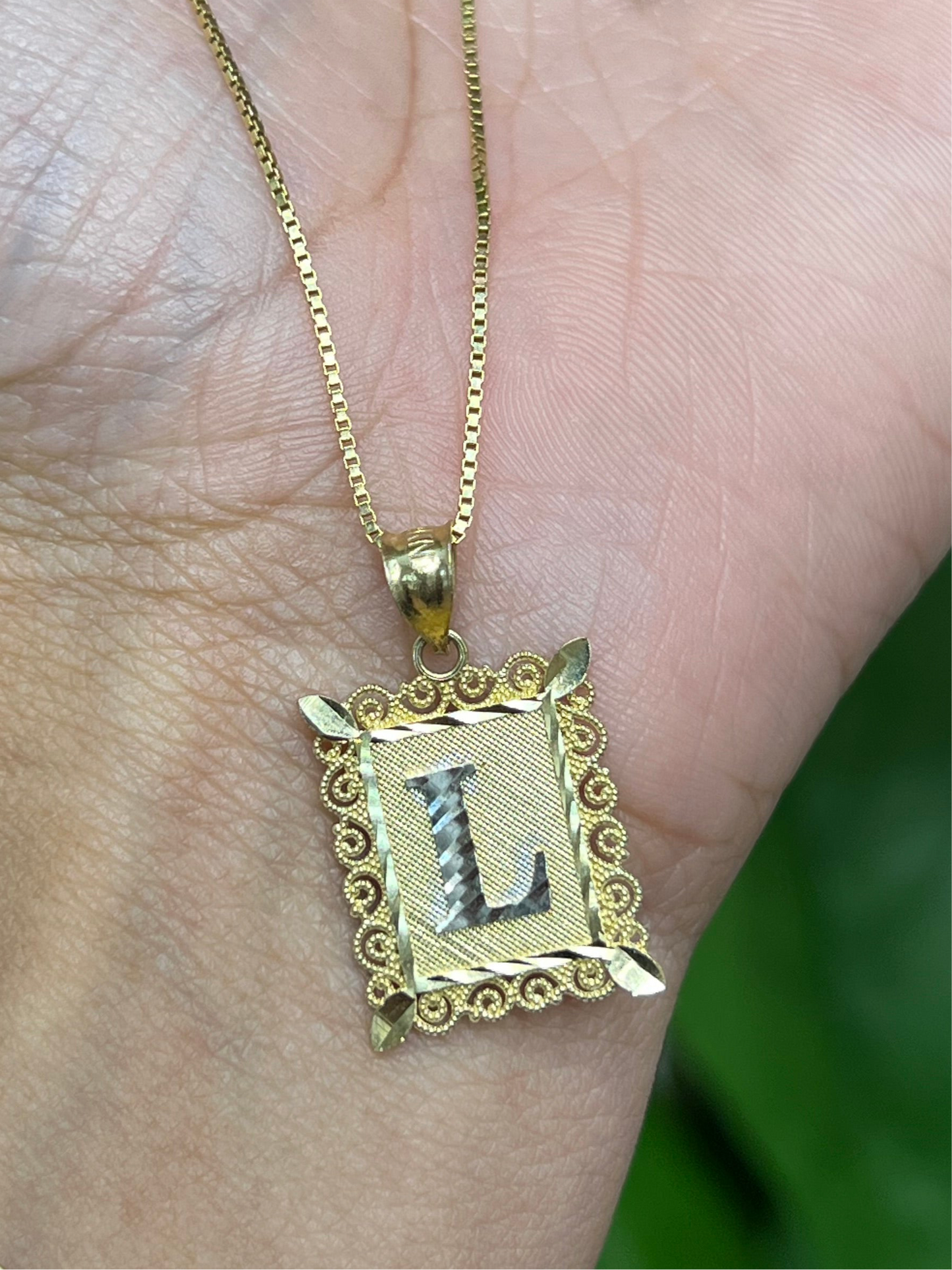 0053- NEW 14K Letter “L” Frame Pendant W.G