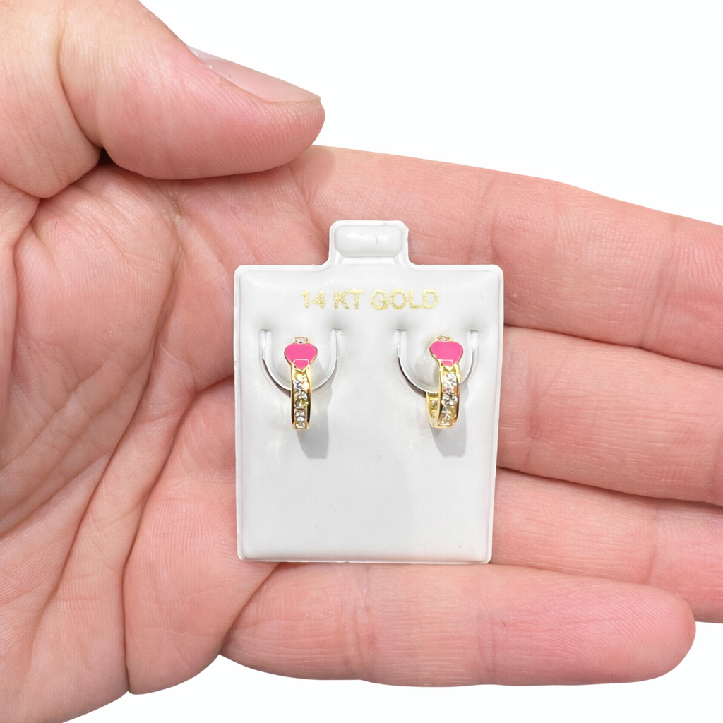 1550- NEW 14K Gold Huggies Pink Heart Hoop Earrings W.G