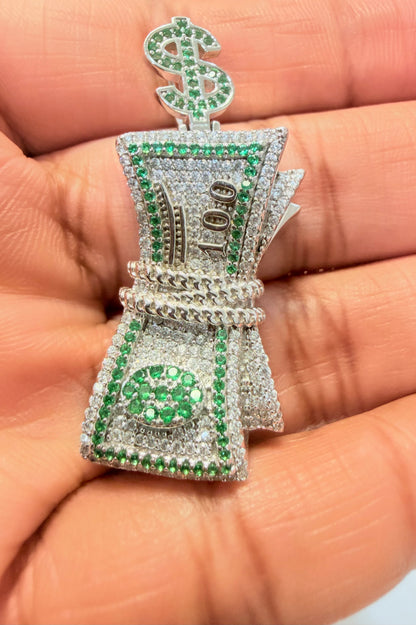 S409- NEW .925 Sterling Silver Bundle of Cash Full Cz Pendant W.G