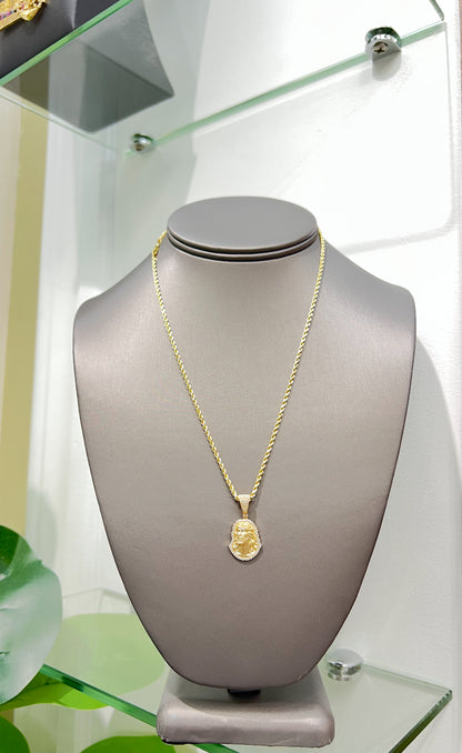 C40- NEW 14K Hollow Rope Chain 18” (2mm) & Jesus 3D Face Pendant Set W.G