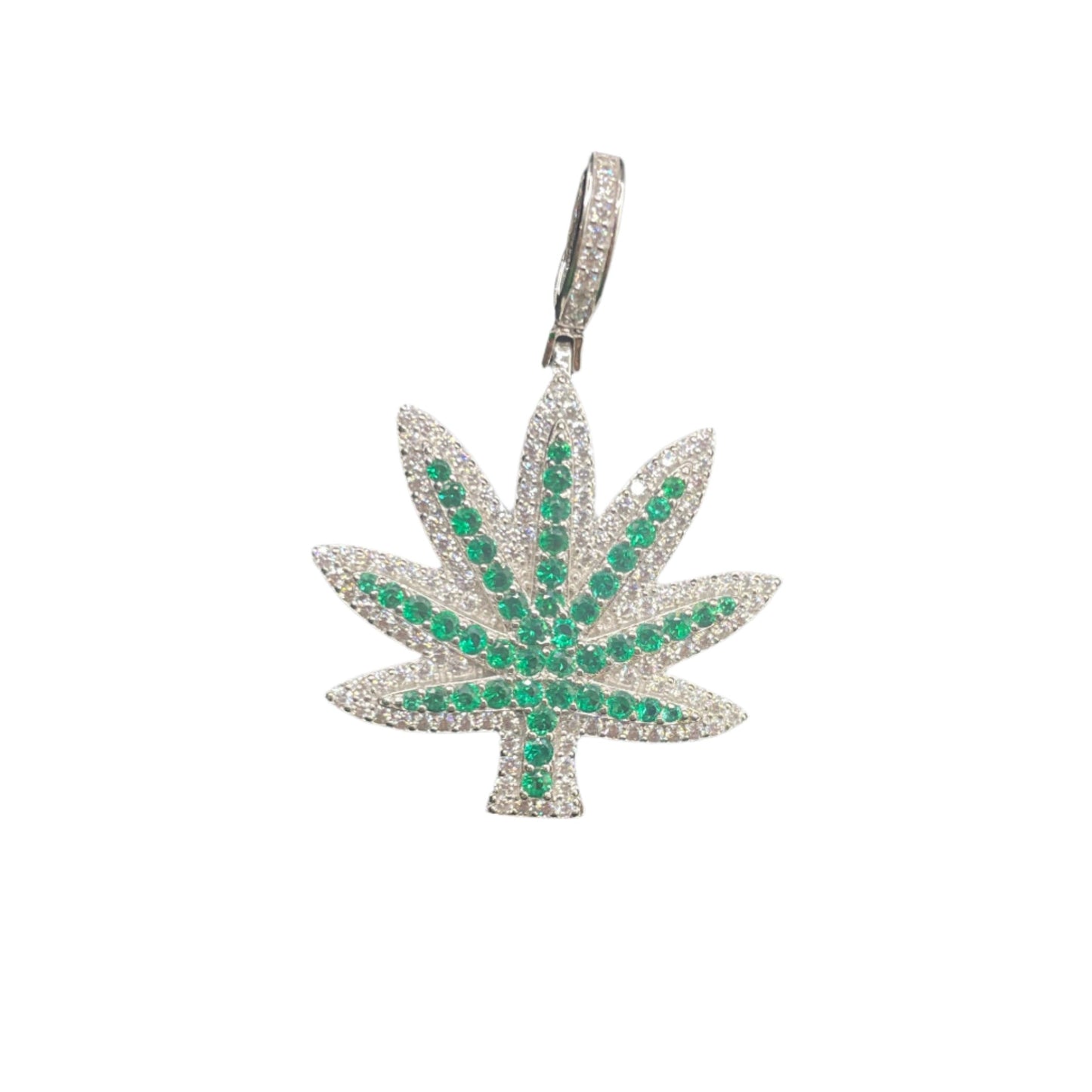 S414 - Colgante de plata de ley 925 con circonita cúbica transparente y verde cannabis 