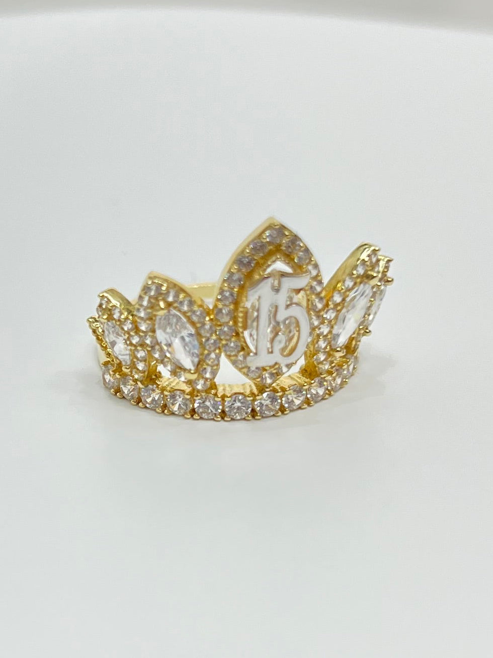 008- NEW 14K Full Cz Quinceañera Crown Ring W.G