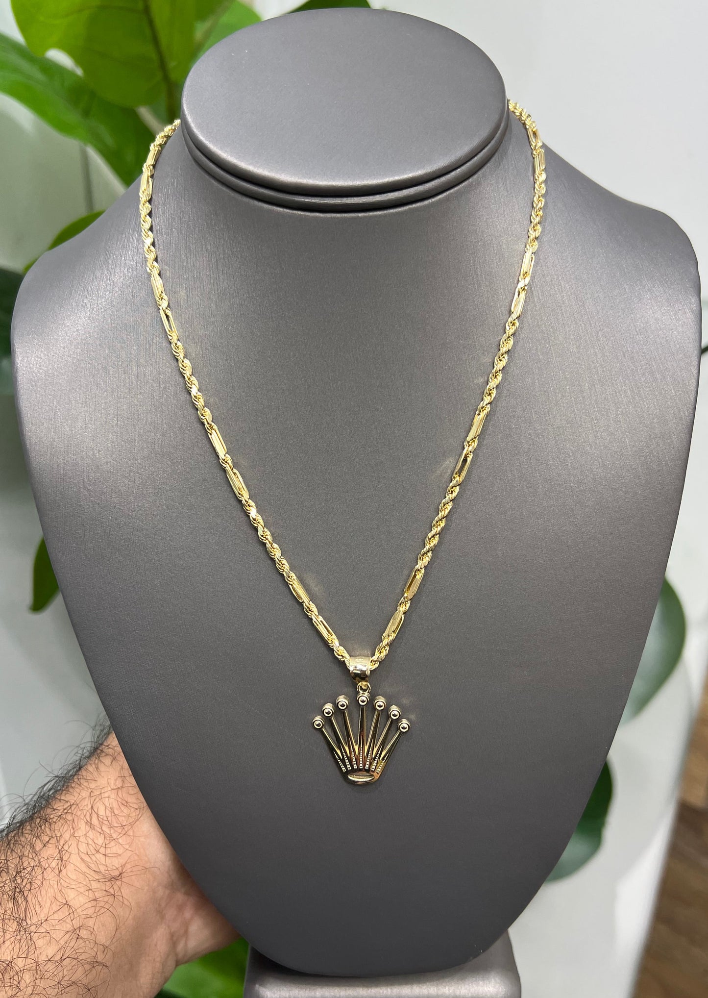 C51- NEW 10K Milano Chain & Rolex Crown Pendant SET W.G