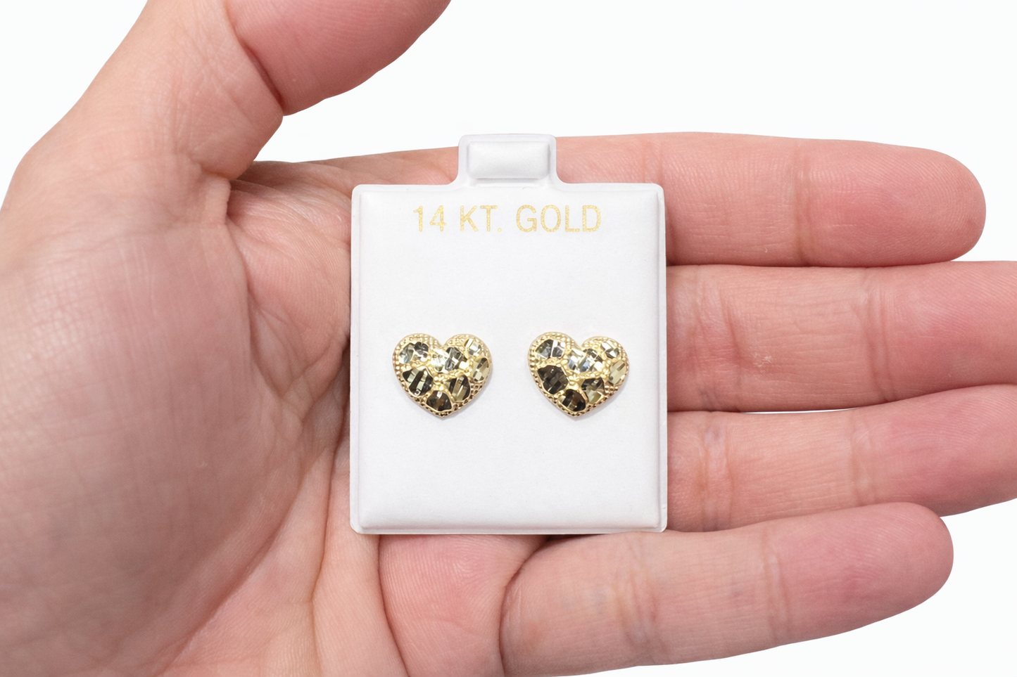 1201- NEW 14K Heart Shape Nuggets Stud Earrings (12.2mm) W.G