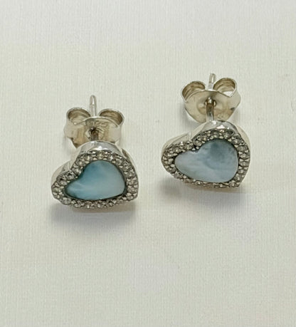 S902- NEW .925 Sterling Silver Heart Larimar Stud Earrings W.G