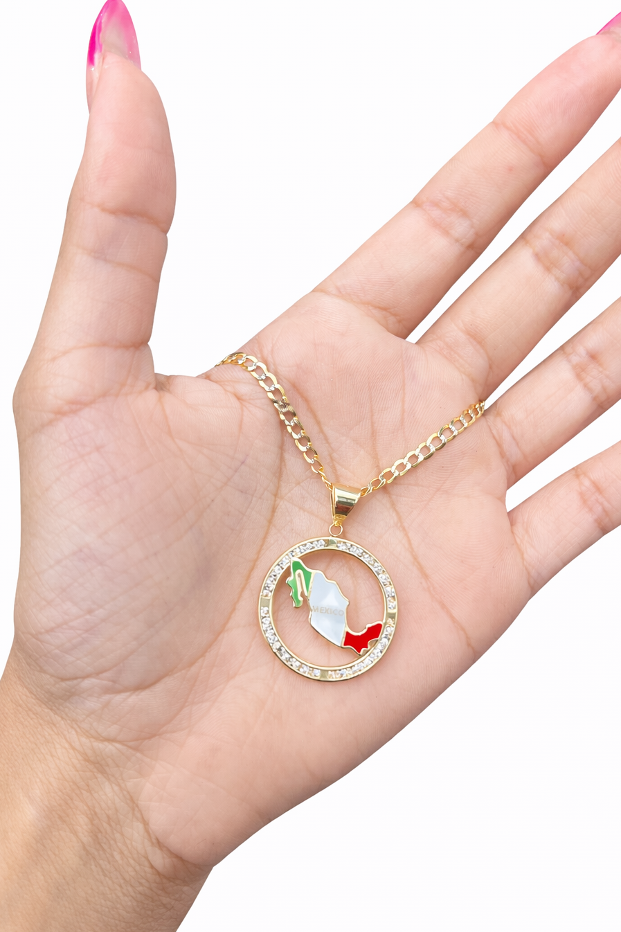 C28- NEW 14K Solid Cuban Chain 18” (3mm) & Mexican Flag Pendant Set