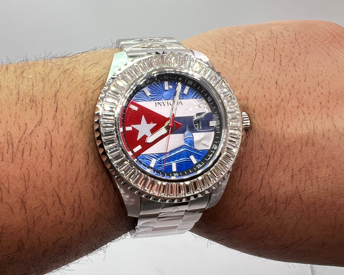 R53-  Invicta Silver Band Cuban Flag Men's Watch -47mm