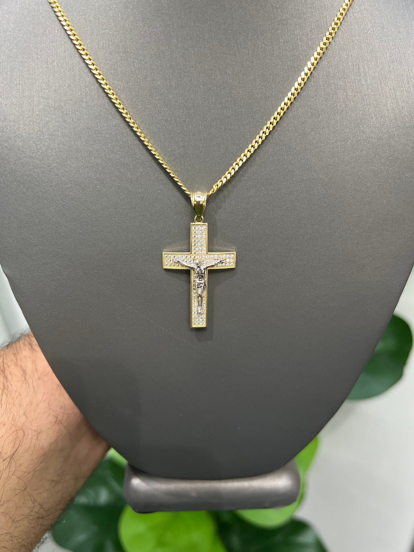 1393- NEW 14K Crucifix Full Cz Pendant Two Tone W.G