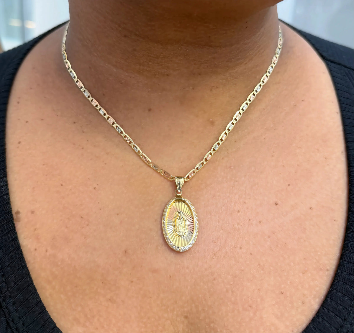 C39- NEW 14K Solid Tri Tone Valentino Chain 18” (3.4mm) & Our Lady of Guadalupe Pendant Set W.G