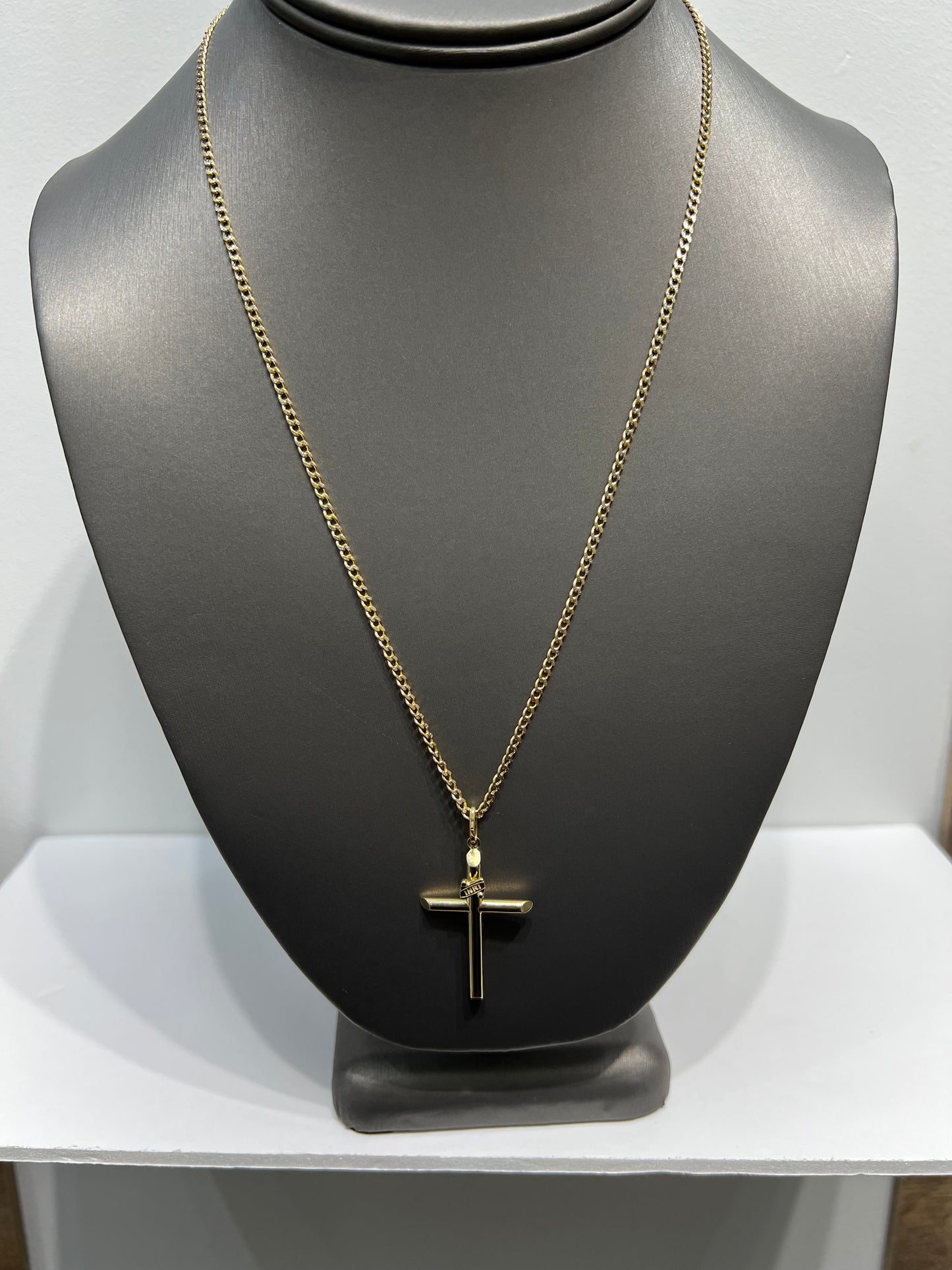 C53- NEW 10K Hollow Cuban Curb Chain Two Tone & Cross Pendant SET W.G