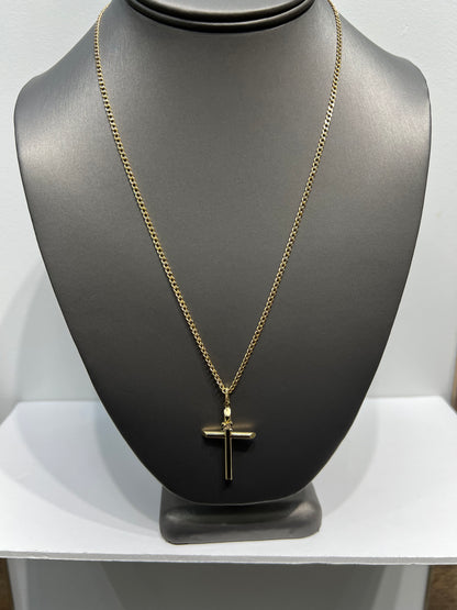 C53- NEW 10K Hollow Cuban Curb Chain Two Tone & Cross Pendant SET W.G