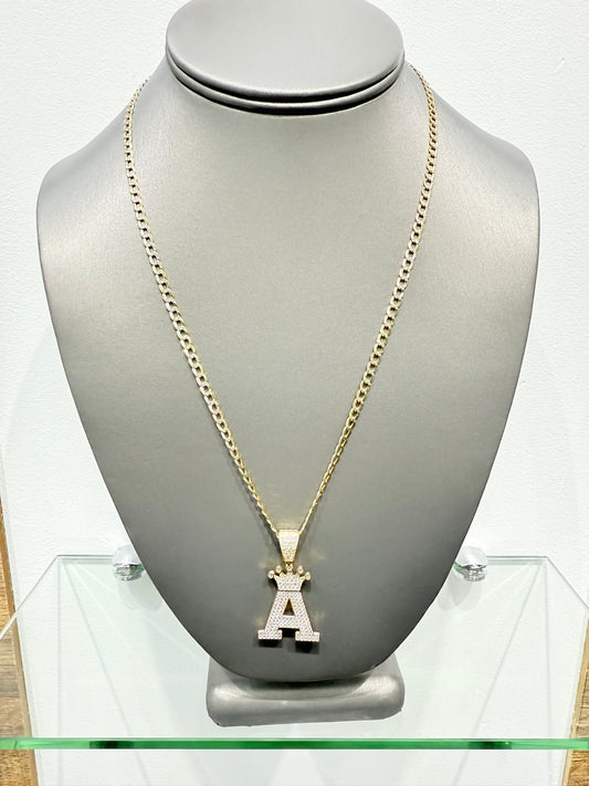 C33- 14K Hollow Cuban Chain & Full Cz Flat Letter A Pendant Set
