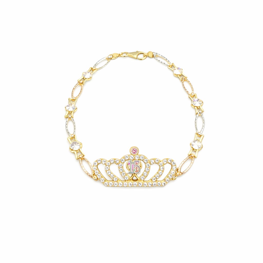 0019- NEW 14K“ Quinceañera” Crown Bracelet 7” (4mm)W.G