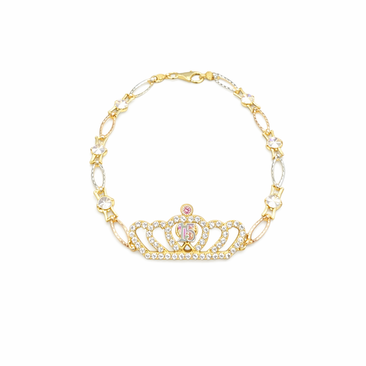 0019- NEW 14K“ Quinceañera” Crown Bracelet 7” (4mm)W.G