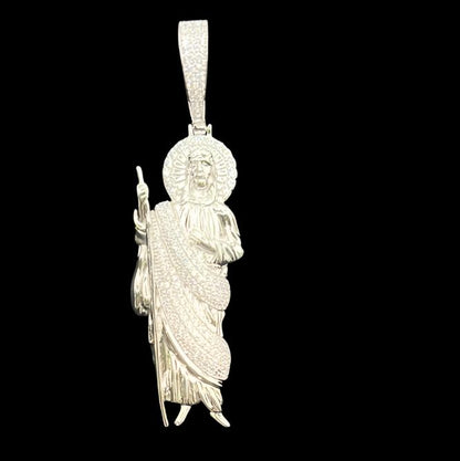 S264- Colgante de San Judas Tadeo en Plata con Piedras Blancas