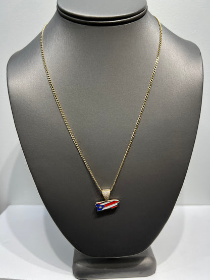 C52- NEW 10K Hollow Cuban Curb Chain Two Tone Chain & Puerto Rican Flag Pendant SET W.G