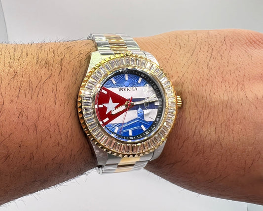 R54- Invicta Silver & Gold  Band Cuban Flag Men's Watch -47mm