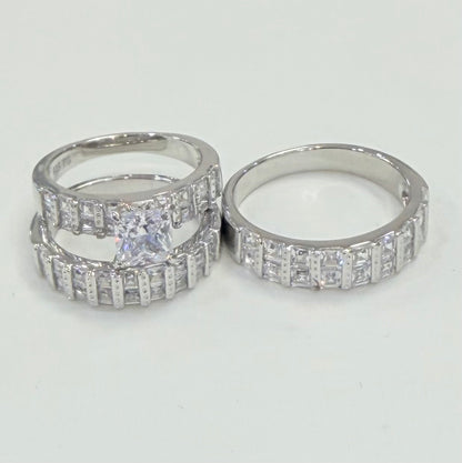 s1136- .925 Sterling Silver Wedding Ring Set W/ Square Cz Stone W.G