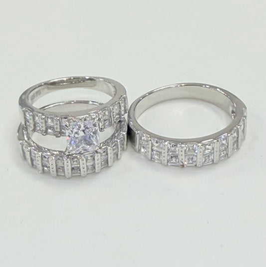s1136- .925 Sterling Silver Wedding Ring Set W/ Square Cz Stone W.G