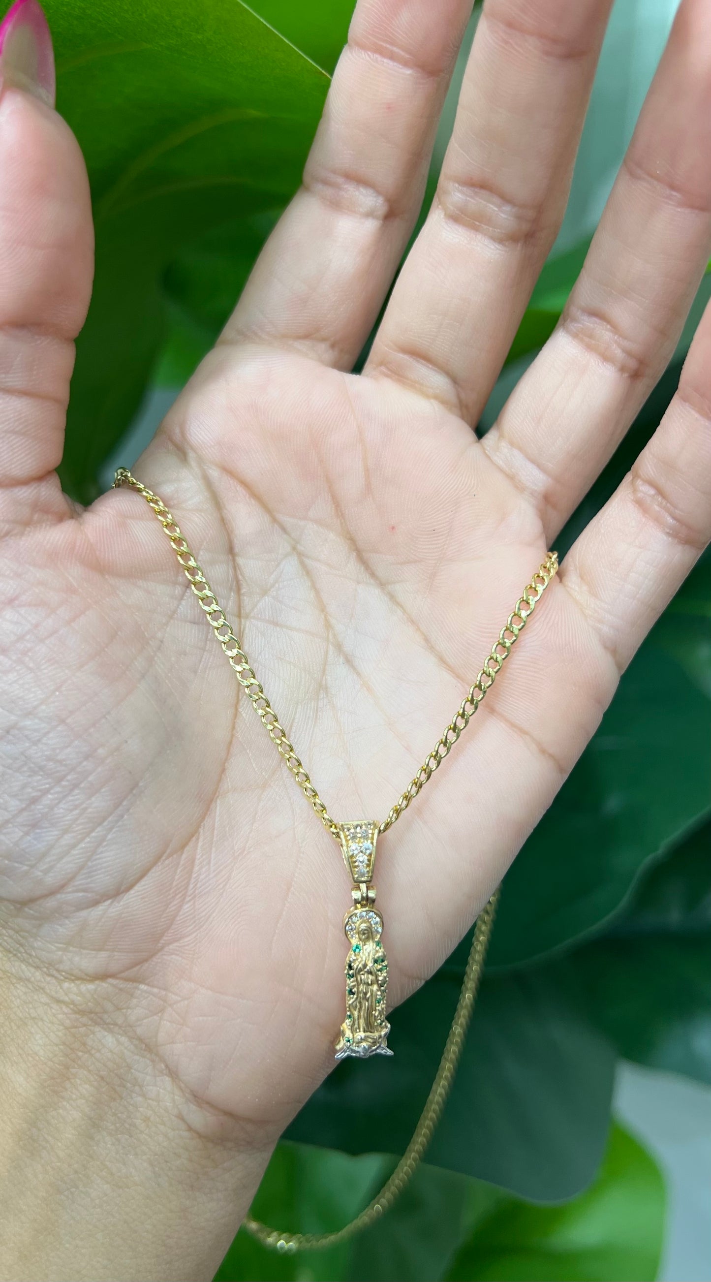 C27- NEW 14K Miami Cuban Chain and Our Lady Of Guadalupe Pendant W.G