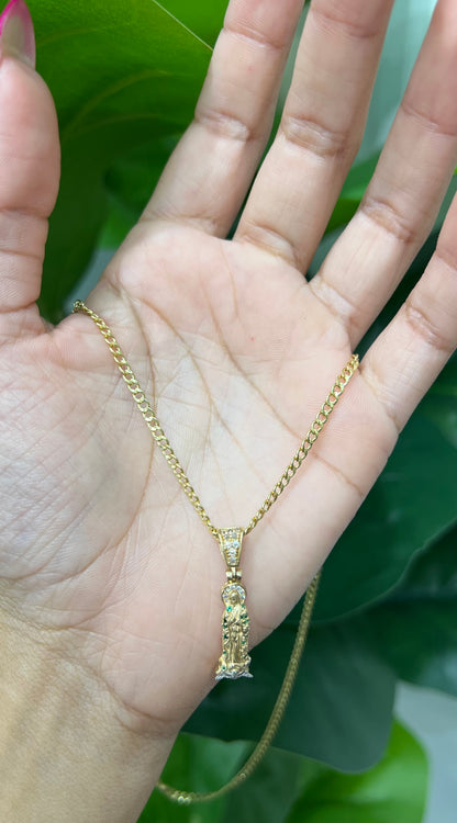 C27- NEW 14K Miami Cuban Chain and Our Lady Of Guadalupe Pendant W.G